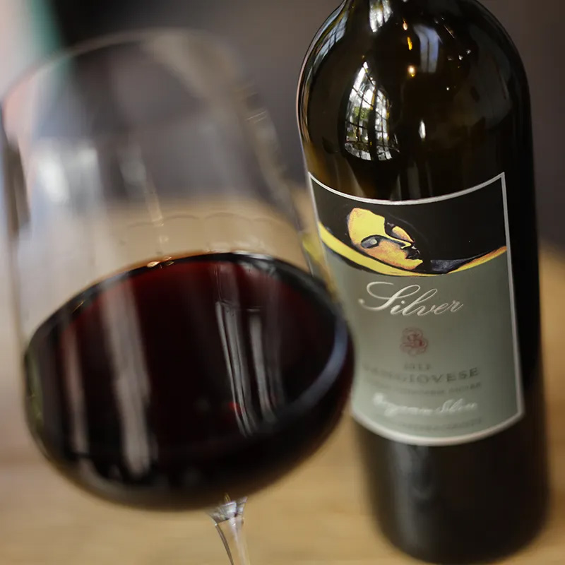 glass of wine and a silver wines bottle